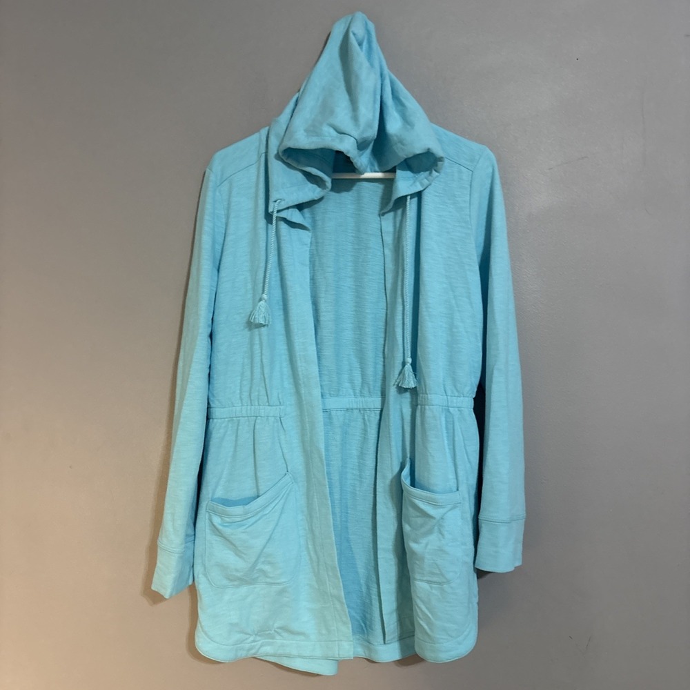 T by Talbots Open Front Hoodie Cardigan Women S Blue Knit Drawstring Tassel